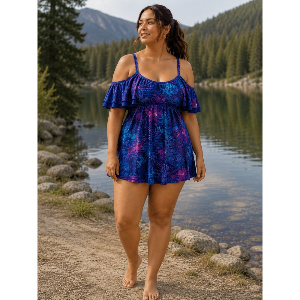 Swimsuits For All Swim Dress Womens 28 Blue Tropical Palm Ruffle Plus Size Beach